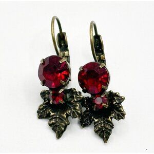 Kirks Folly Red Rhinestone Leaf Pierced Earri Gs